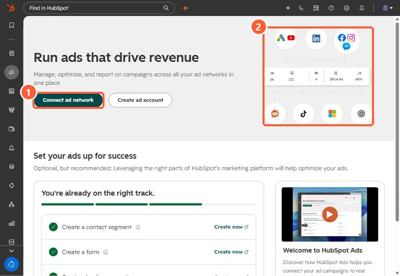 Ads onboarding page with Connect ad network and network icons