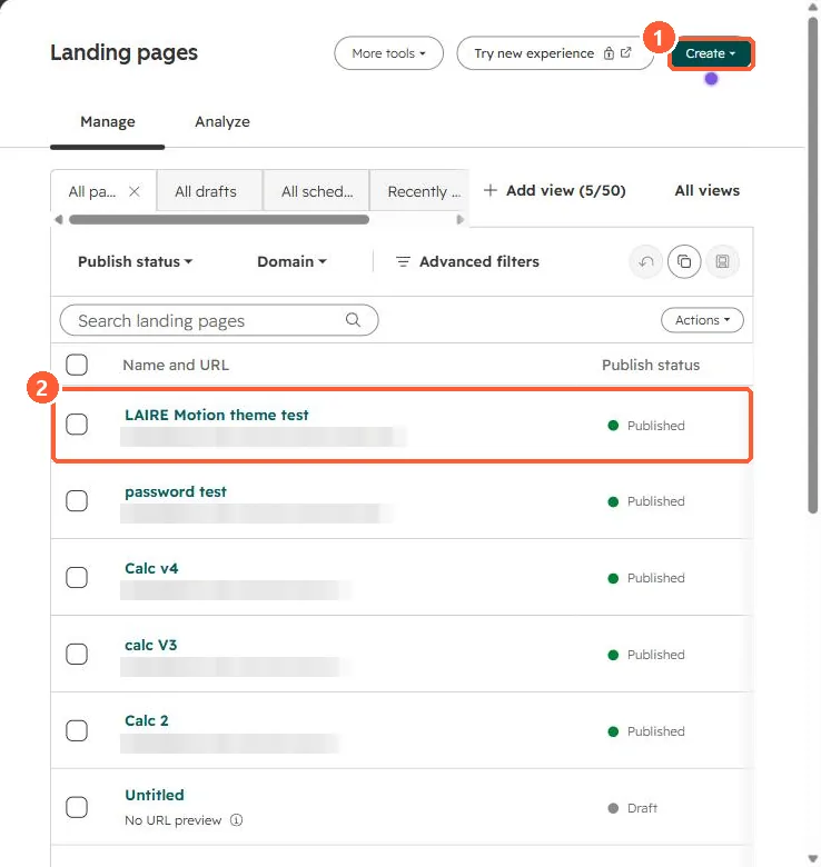 Landing pages list with a Create button and published pages