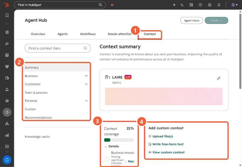 Agent Hub Context tab with a context summary, section menu, a 21% context coverage card and Add custom context options
