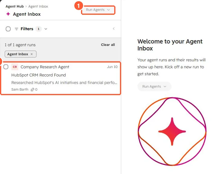 Agent Inbox with a Run Agents button and one Company Research Agent run