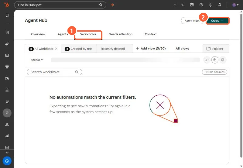 Agent Hub Workflows tab with All workflows, Created by me and Recently deleted views and no automations