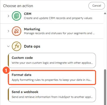 Workflow action picker Data ops group with Custom code, Format data and Send a webhook