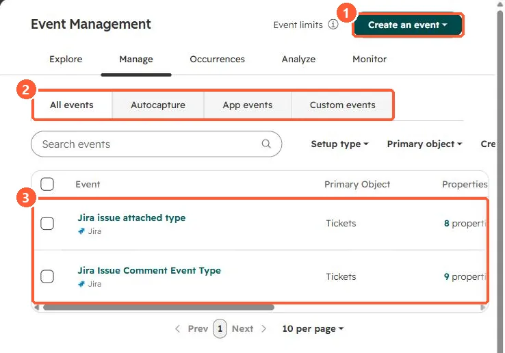 Event Management Manage tab with All events, Autocapture, App events and Custom events tabs and two Jira events
