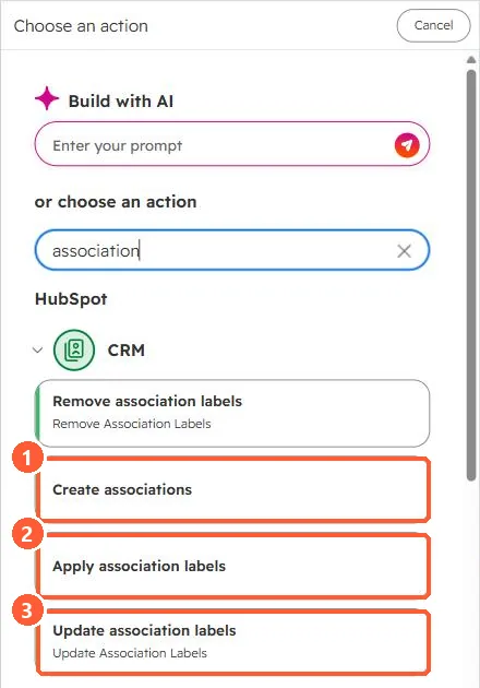 Workflow action search for association showing Create associations, Apply association labels and Update association labels