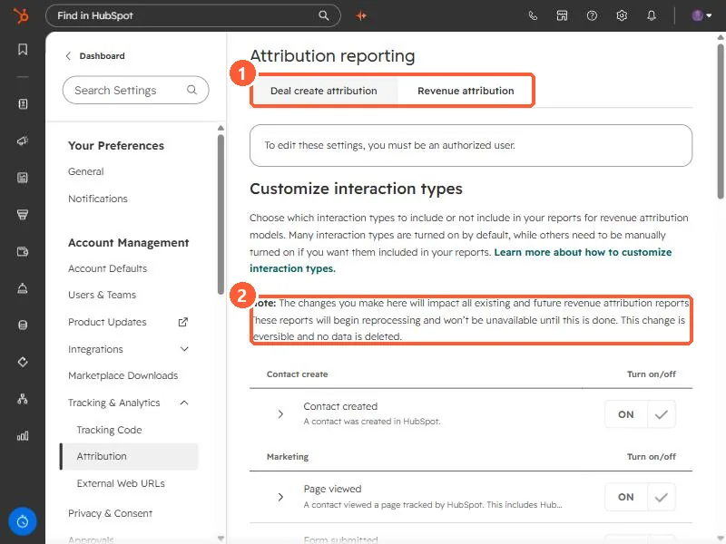 Attribution reporting settings with the two report tabs and the reprocessing note highlighted