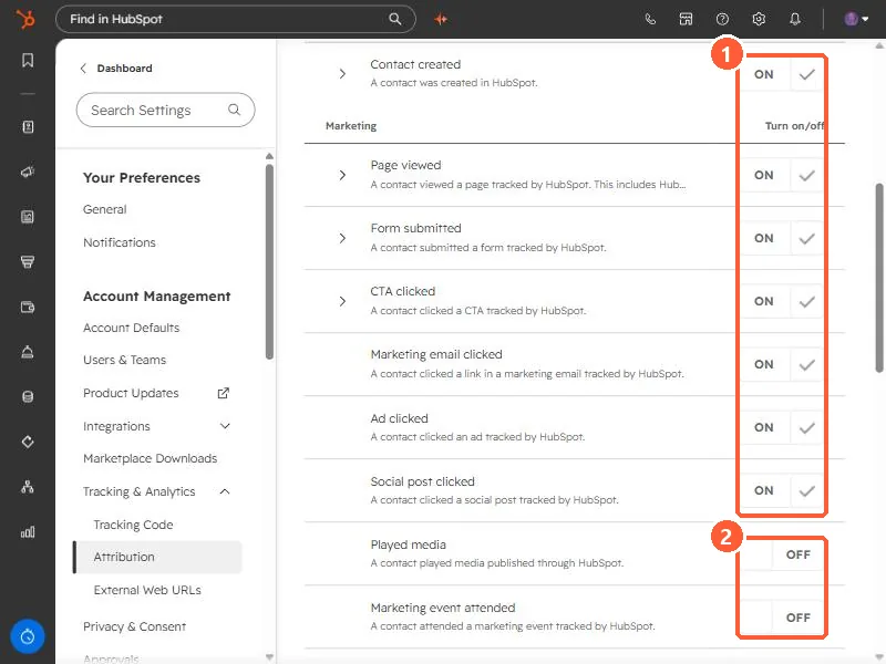 Interaction type list with switched-on marketing interactions and switched-off media and event interactions highlighted
