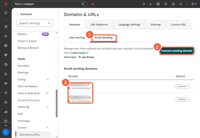 Domains and URLs Email Sending tab with Connect sending domain button and two domains not authenticated