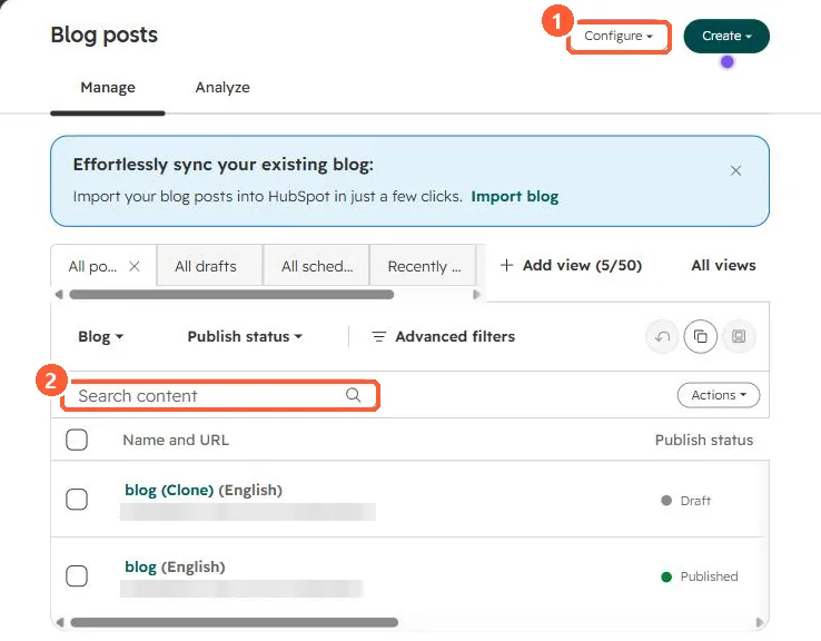 Blog posts list with Configure and Create buttons and two posts