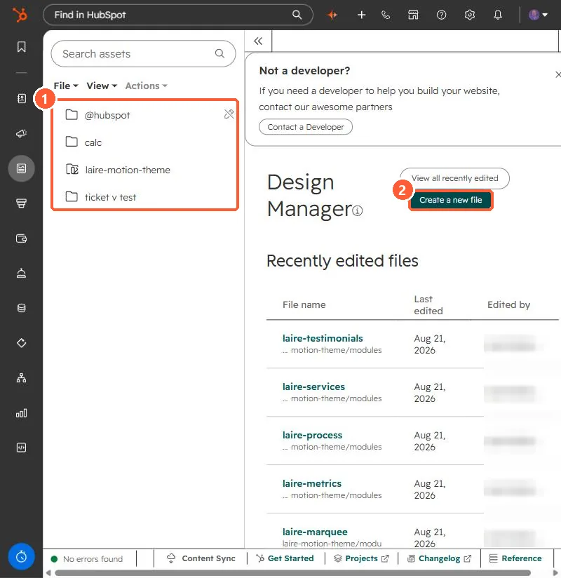 Design Manager file tree with theme folders and a Create a new file button