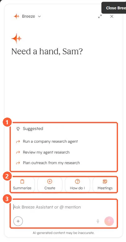 Breeze Assistant panel with suggested prompts, Summarize, Create, How do I and Meetings actions, and a prompt box