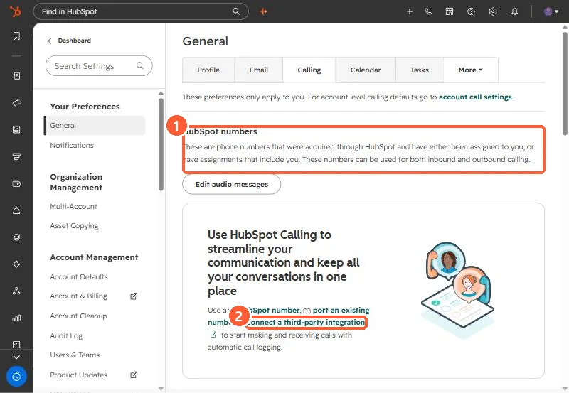 Calling preferences page with the third-party integration link and HubSpot numbers section highlighted