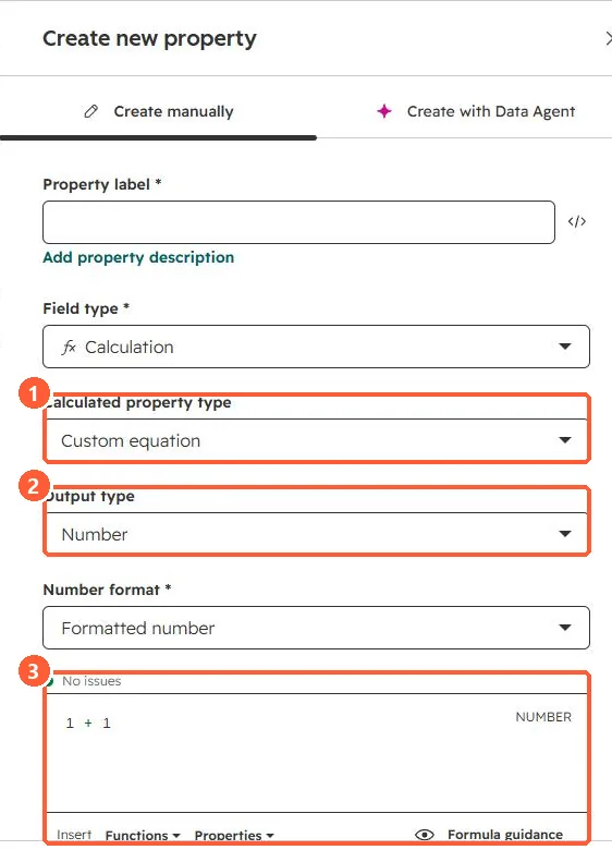 Calculation property settings with Custom equation, Output type Number, Formatted number and a formula editor