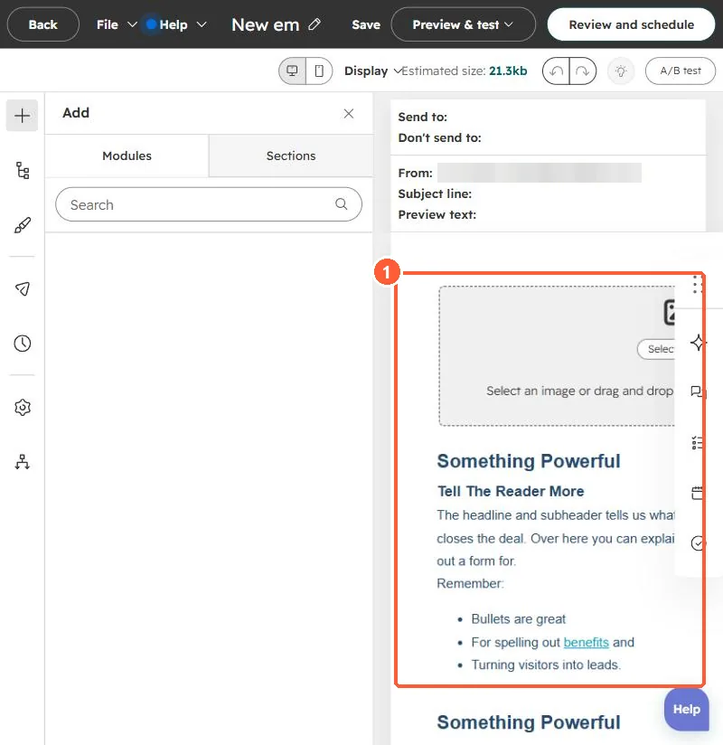 Email editor with the email body containing image and text modules