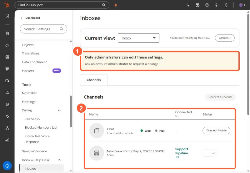 Inboxes settings with the admin banner and the channels table highlighted