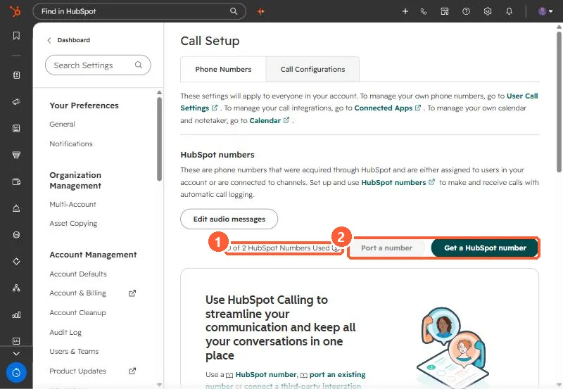 Call Setup page with HubSpot numbers section