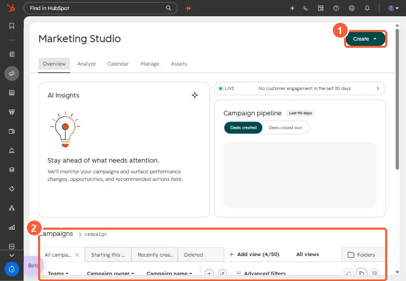 Marketing Studio overview with Create button and campaigns list