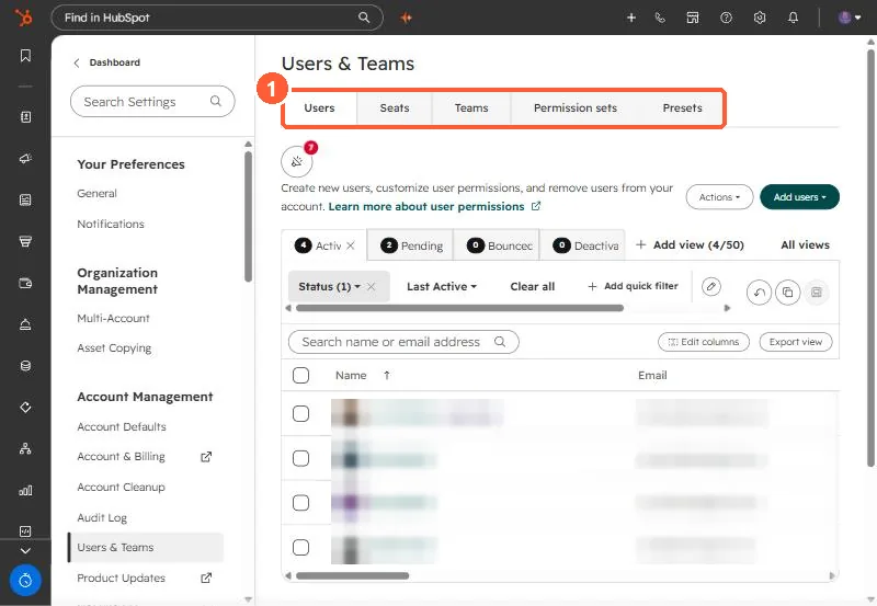 Users and Teams settings with Users, Seats, Teams, Permission sets and Presets tabs