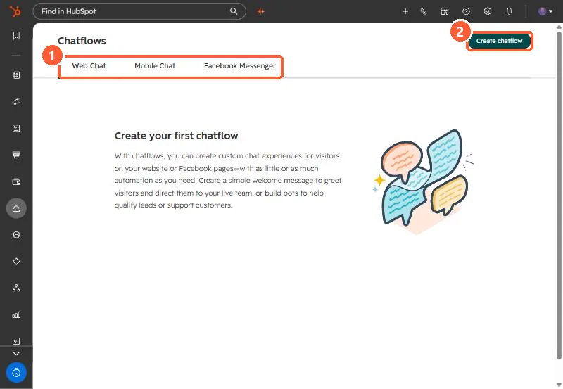Chatflows page with Web Chat, Mobile Chat and Facebook Messenger tabs and Create chatflow button