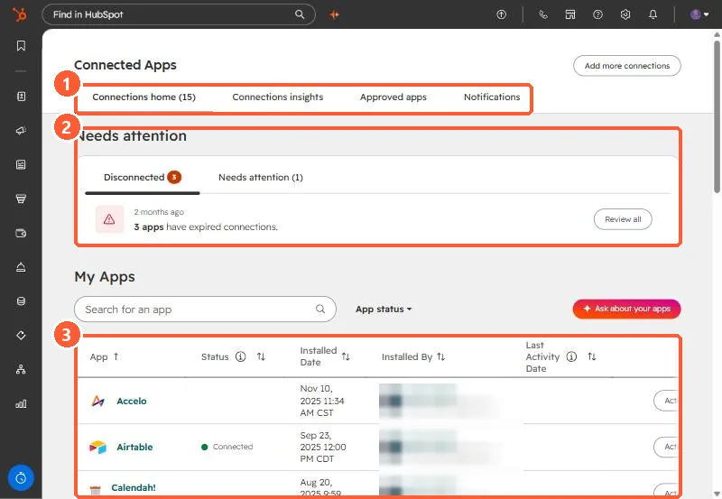 Connected Apps page with the tabs, the Needs attention section, and the My Apps table highlighted