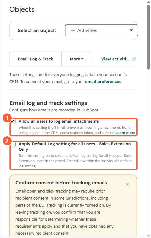 Email log and track settings with Allow all users to log email attachments and Apply Default Log setting for all users - Sales Extension Only