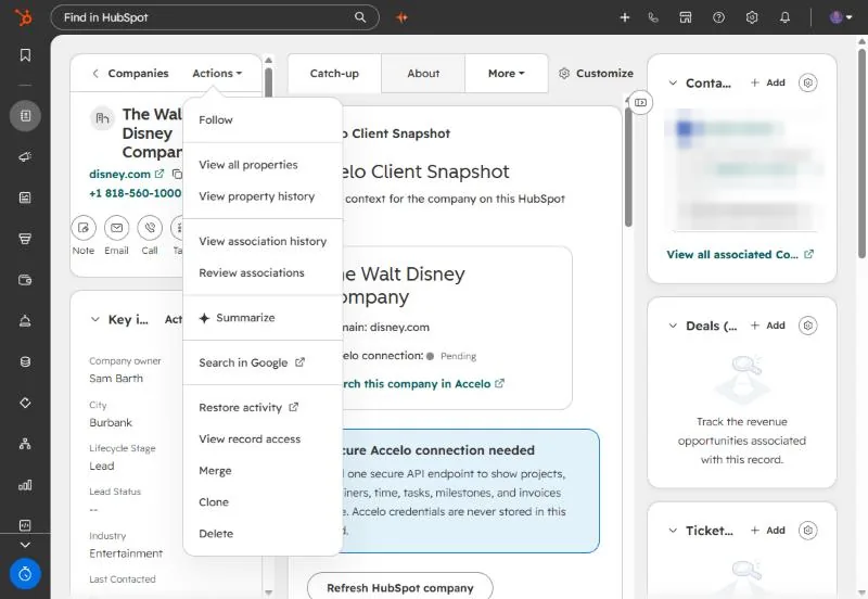 Company record Actions menu showing Merge, Clone, Delete and history options