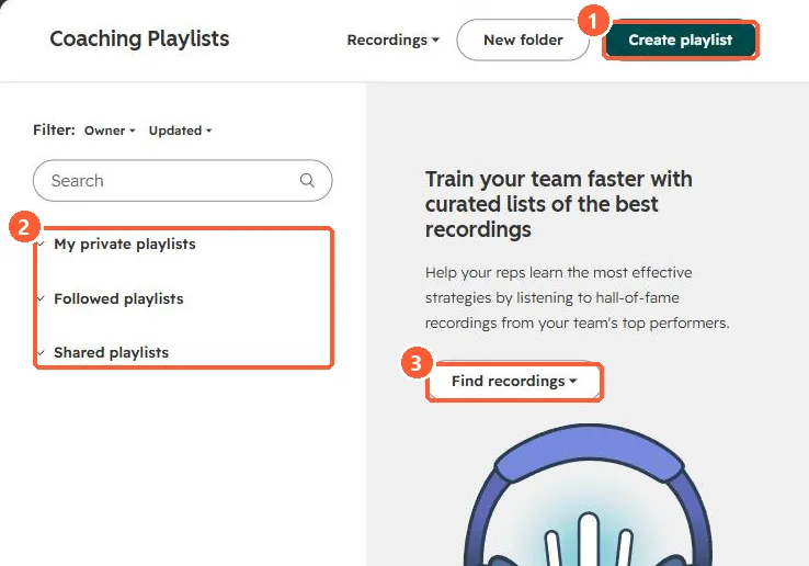 Coaching Playlists page with Create playlist button, playlist groups and Find recordings