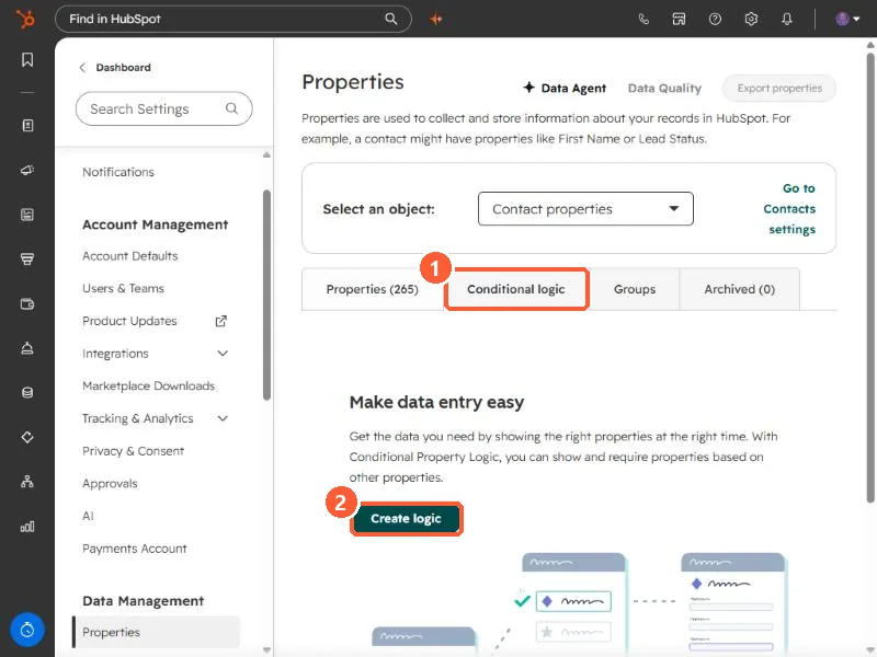 Properties settings with the Conditional logic tab and the Create logic button highlighted