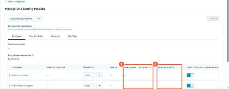 Pipeline stage table with Conditional logic rules and Pipeline rules columns