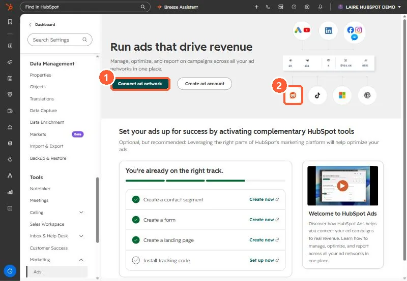 Ads settings page with Connect ad network button and network icons including Reddit