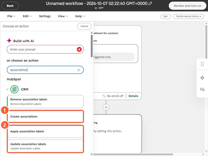 Workflow action search for association showing Create associations, Apply association labels and Update association labels