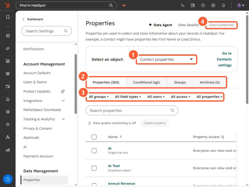 HubSpot Properties settings page with the object selector, the four tabs, the filter row, and the Export properties button highlighted