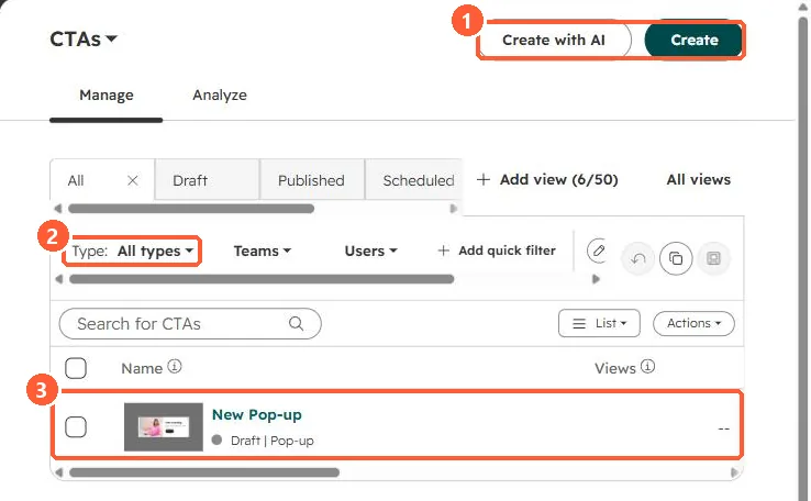 CTAs list with Create and Create with AI buttons, a Type filter and a draft pop-up