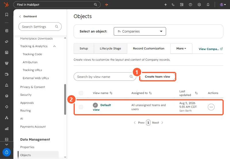 Record Customization tab for Companies with Create team view and a Default view row