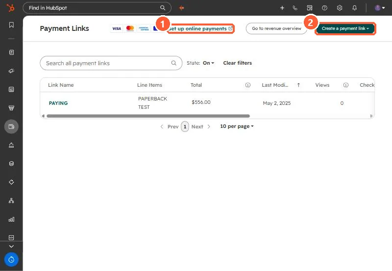 Payment Links list with Set up online payments link and Create a payment link button