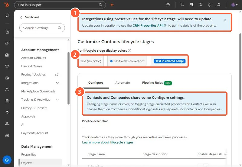 Lifecycle stage settings with the integrations banner, display color options, and the shared settings note highlighted