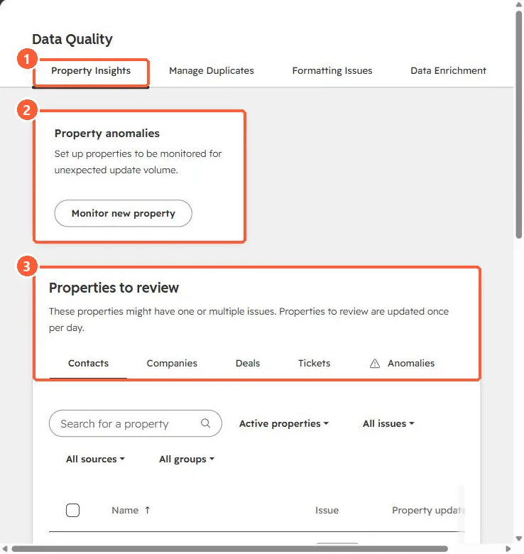 Data Quality Property Insights tab with Property anomalies and Properties to review sections