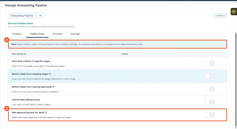 Pipeline Rules tab with a note about bypassing rules and an Add approval process for deals switch