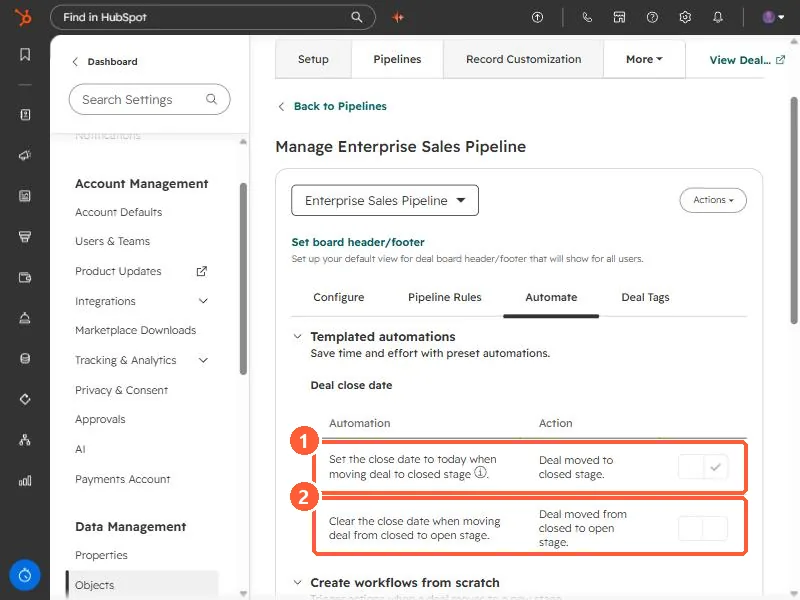 Pipeline Automate tab showing the two deal close date templated automations