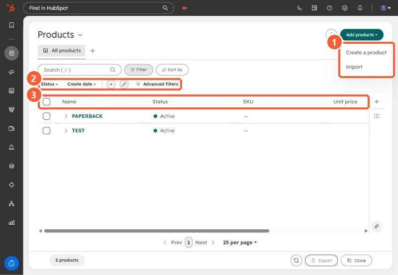 Products index with Add products, quick filters and columns