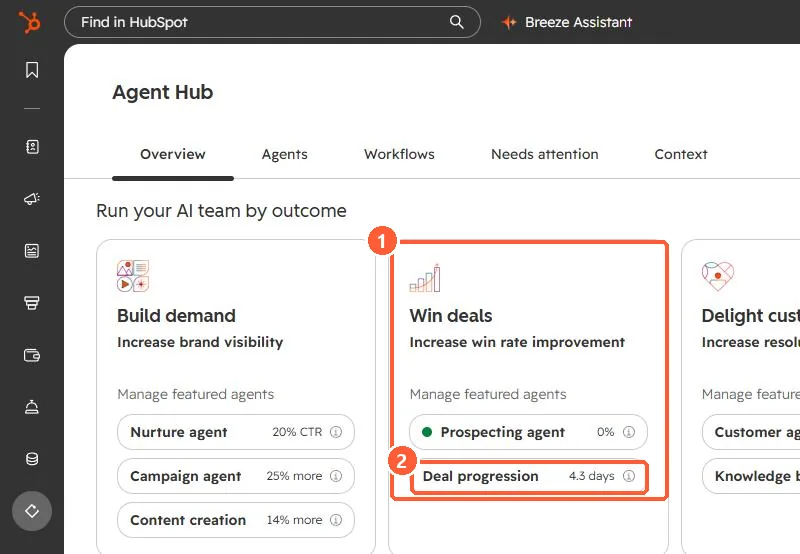 Agent Hub overview with a Win deals card listing Prospecting agent and Deal progression