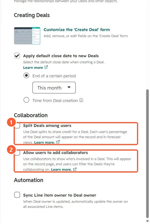 Deal setup Collaboration section with Split Deals among users and Allow users to add collaborators checkboxes