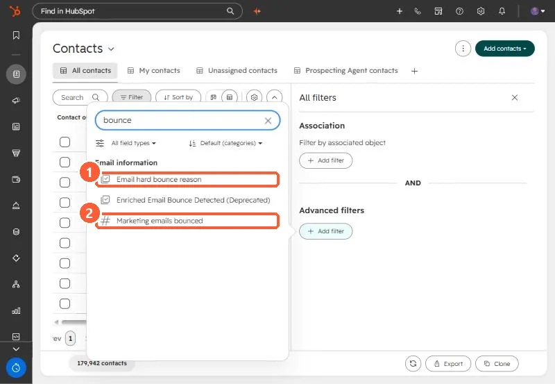 Contact filter property search for bounce showing Email hard bounce reason and Marketing emails bounced