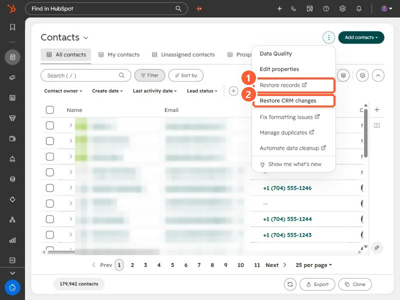 Contacts index actions menu with Restore records and Restore CRM changes