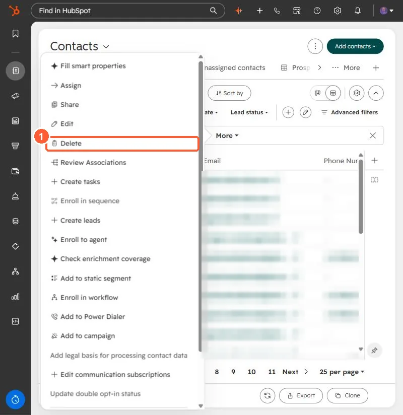 Contacts bulk actions menu with Delete