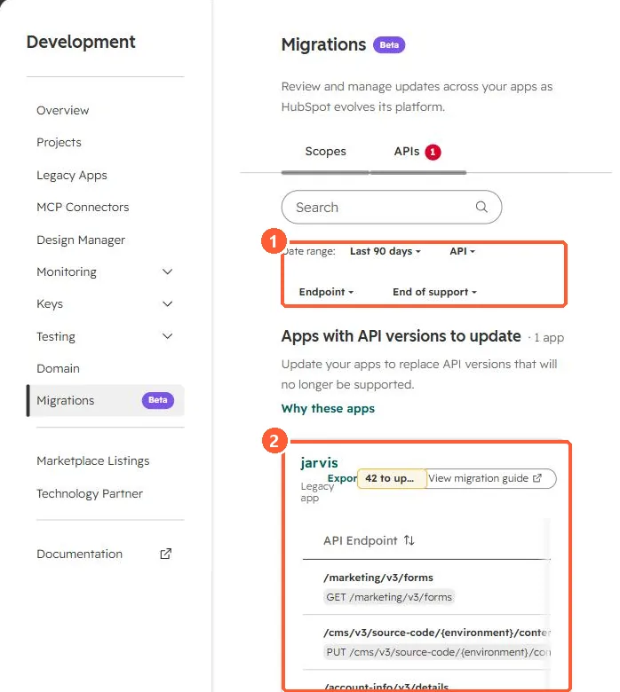 APIs tab listing a legacy app with 42 endpoints to update and a View migration guide link