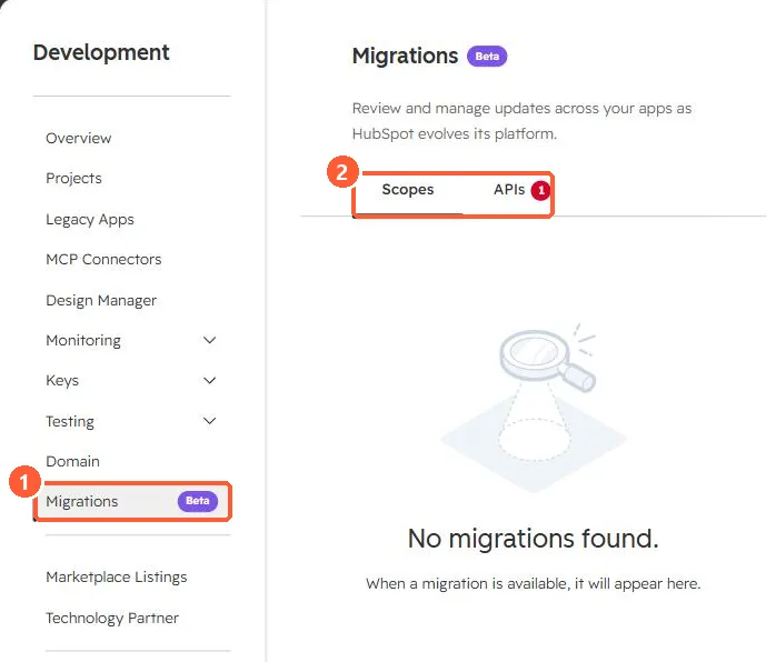 Migrations beta page with Scopes and APIs tabs and No migrations found