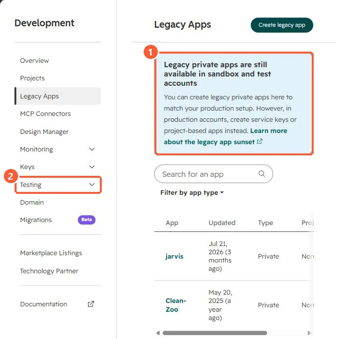 Legacy Apps page with a notice that legacy private apps are still available in sandbox and test accounts