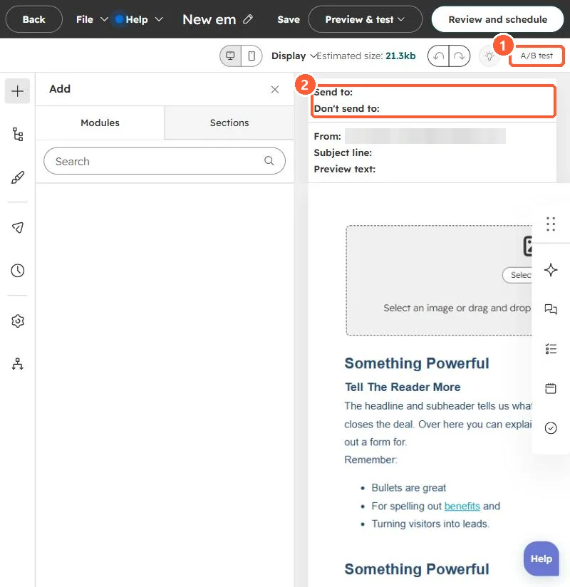 Marketing email editor with an A/B test button and the Send to and Don't send to fields