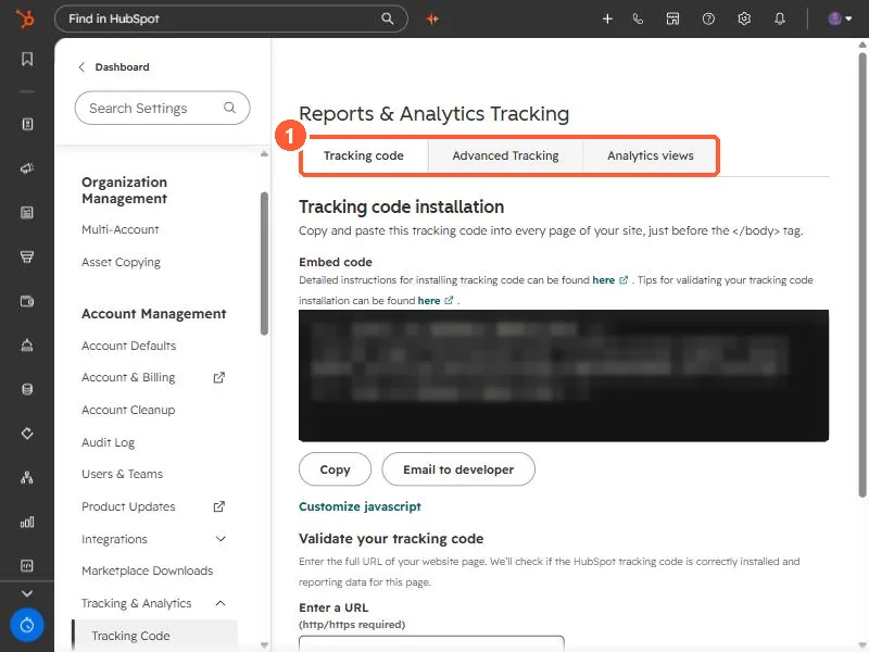 Reports and Analytics Tracking settings with Tracking code, Advanced Tracking and Analytics views tabs