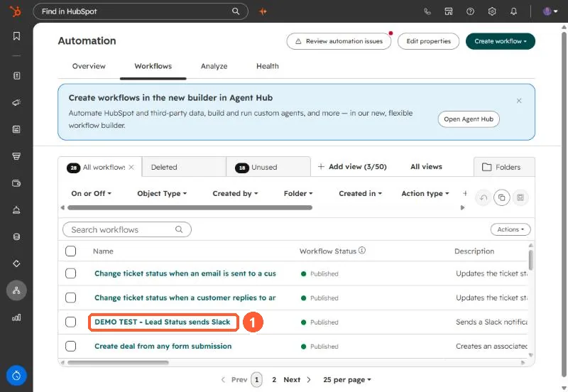 HubSpot Automation Workflows list with one contact-based workflow name highlighted